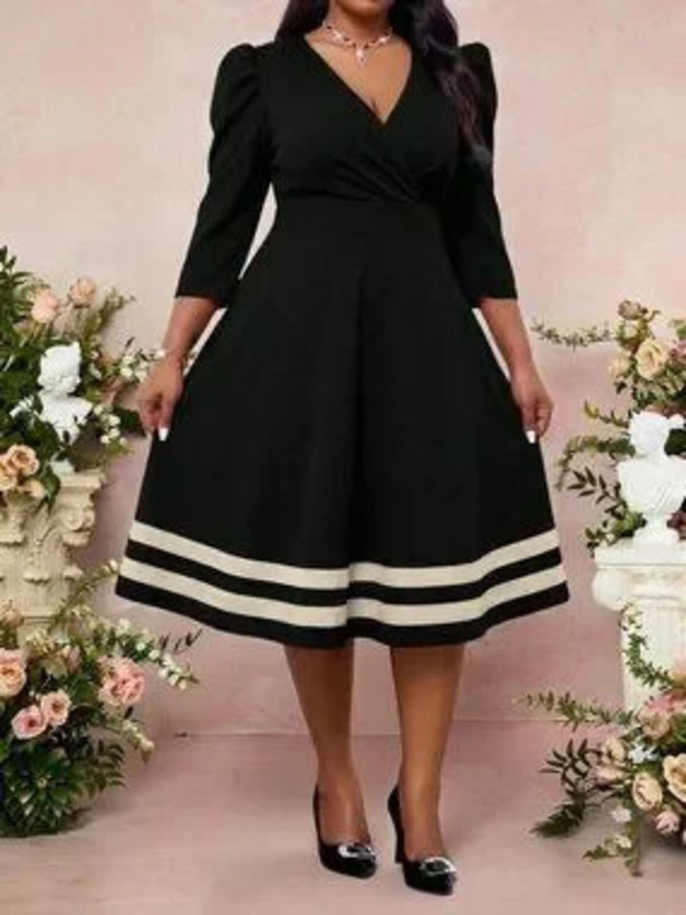 ZARA Multicolor Elegant Women's Overlap V-Neck Puff Sleeves Striped Dress